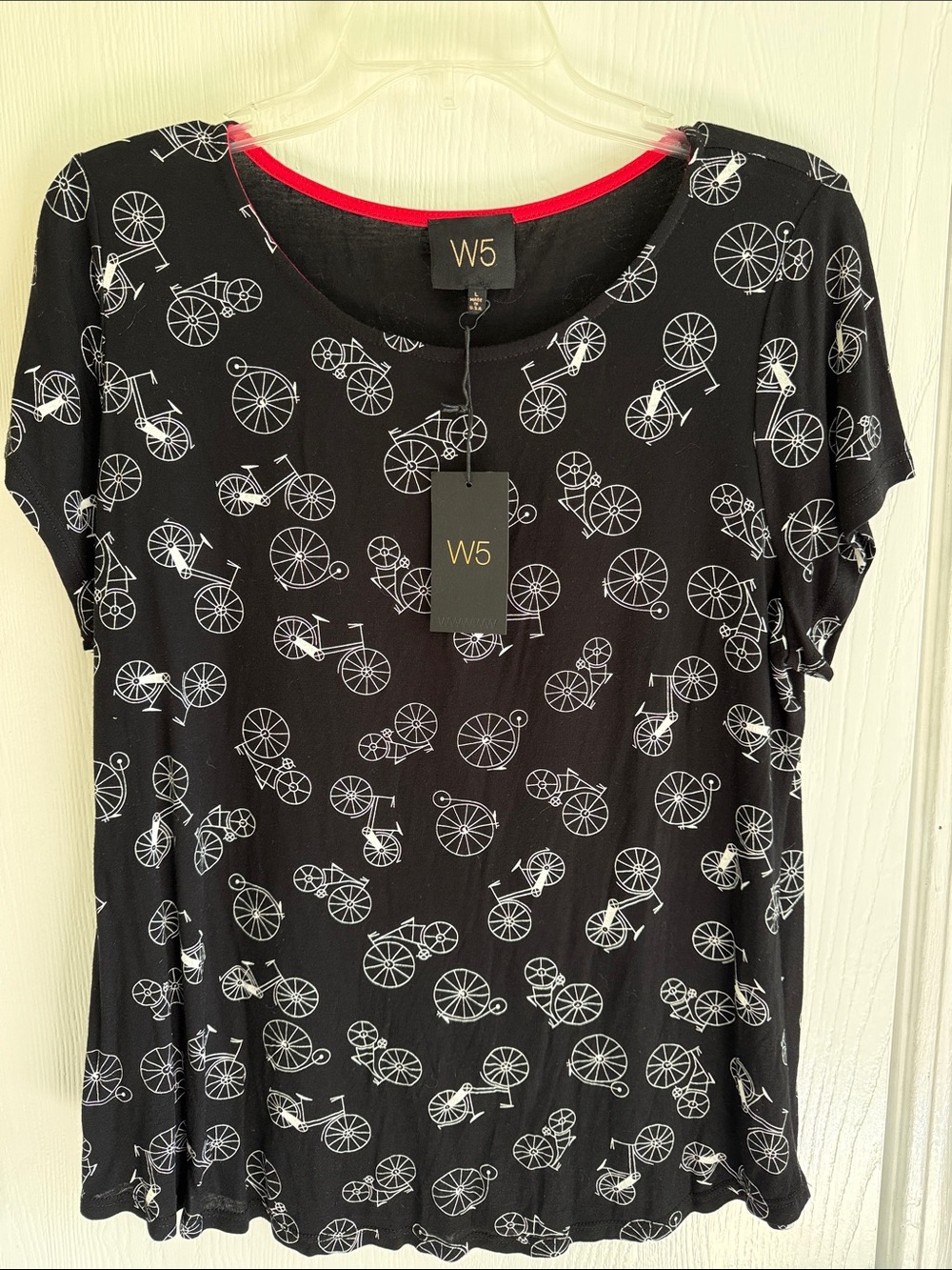 W5 Black Short Sleeve Top with White Bicycle Pattern and Red Neckline Trim